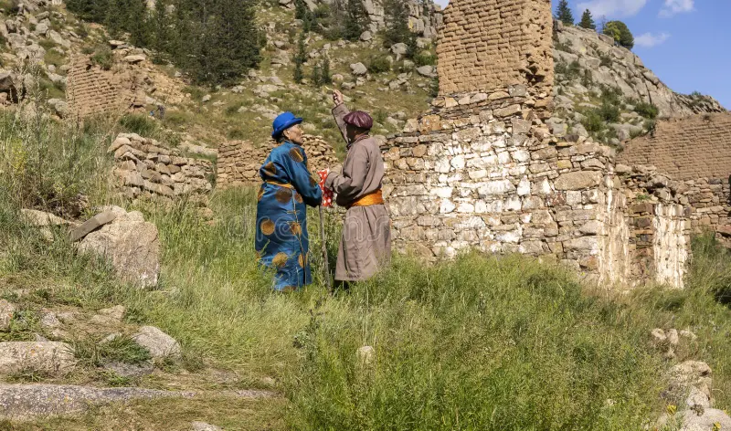 A local in traditional attire standing near monastery 
